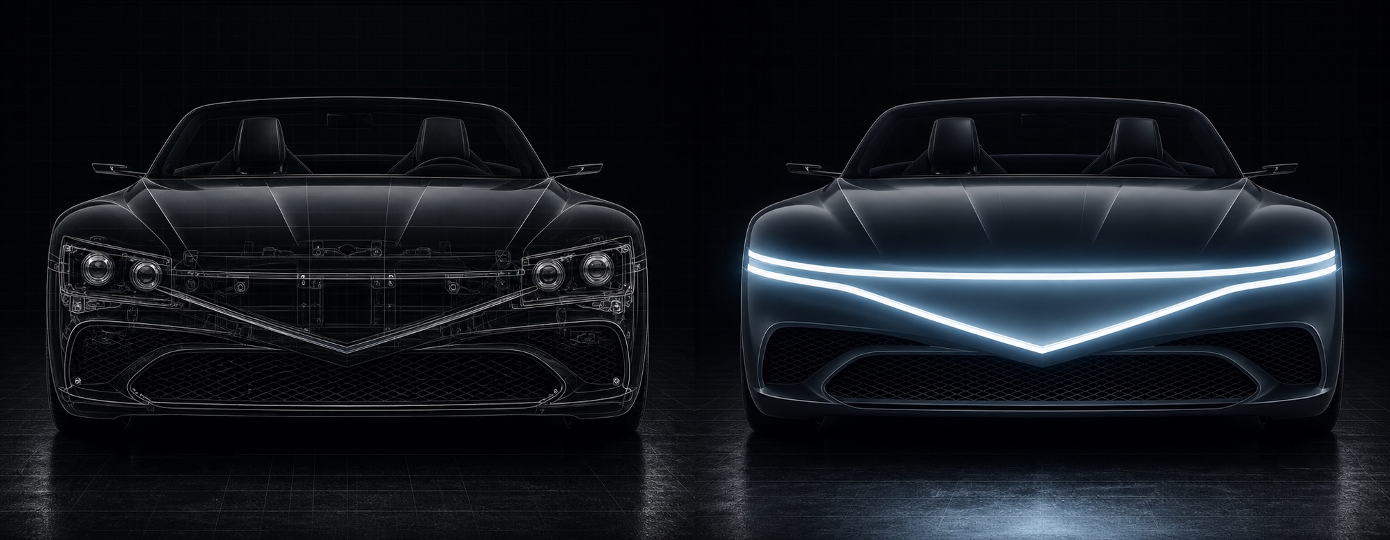 Comparison between conventional visible headlight hardware and a seamless display-integrated front fascia